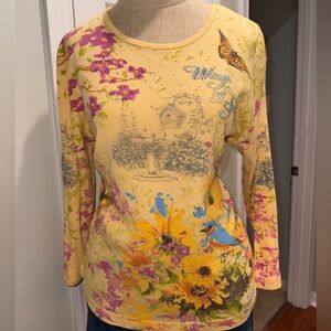 Women's Y2K cottage core Yellow Floral Graphic butterfly bird Top
